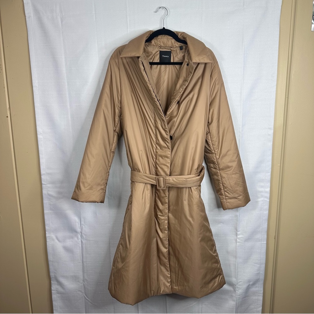 Theory Clean Puffer Coat carmel pointed collar slit pocket concealed button
